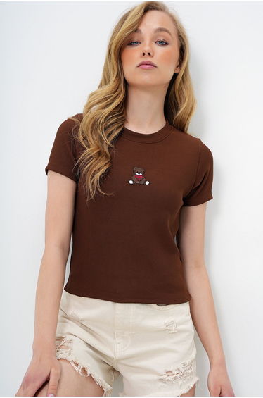 Women's Brown Crew Neck Teddy Bear Printed Crop Blouse