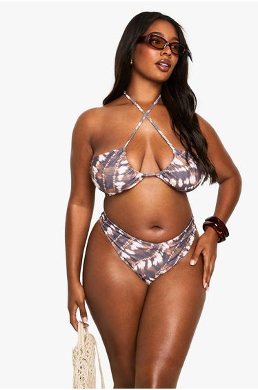 Plus Tie Dye Bandeau Tie Front Bikini Top - multi