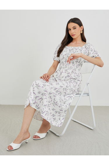 Floral Print Puff Sleeve Smocked Midi Dress
