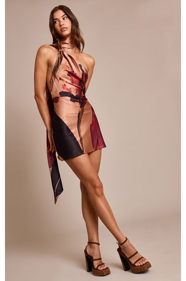 Burnt Orange Floral Printed Satin Mini Dress