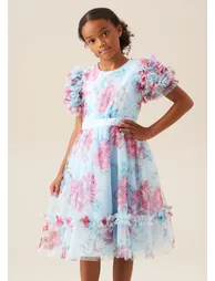 Florence Blue Ruffle Sleeve Mesh Dress - Blue - 1