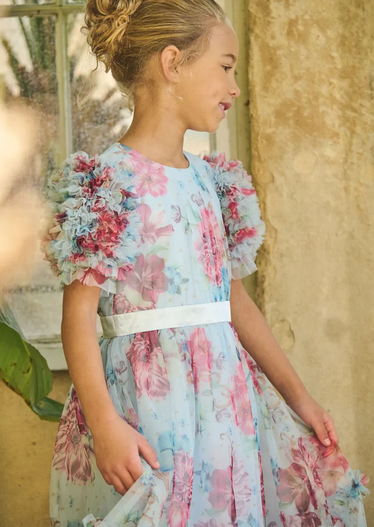 Florence Blue Ruffle Sleeve Mesh Dress - Blue - 6