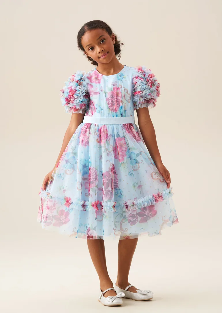 Florence Blue Ruffle Sleeve Mesh Dress - Blue