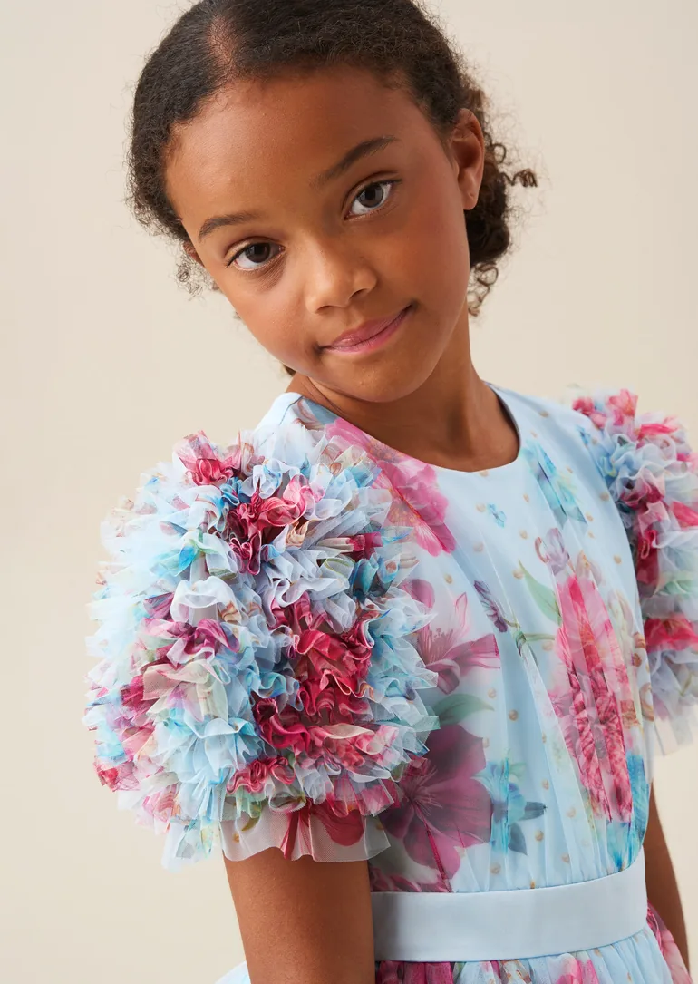 Florence Blue Ruffle Sleeve Mesh Dress - Blue - 4