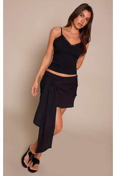 Black Textured Cheesecloth Wrap Mini Skirt