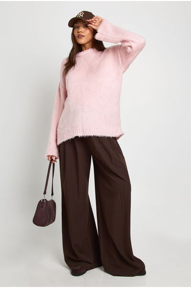 Maternity Fluffy Crew Neck Oversized Jumper - baby pink