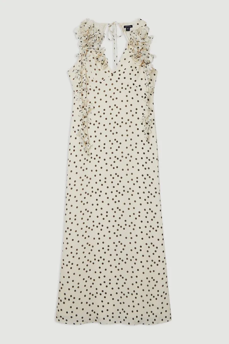 Applique Spot Printed Halter Neck Woven Maxi Dress - 3