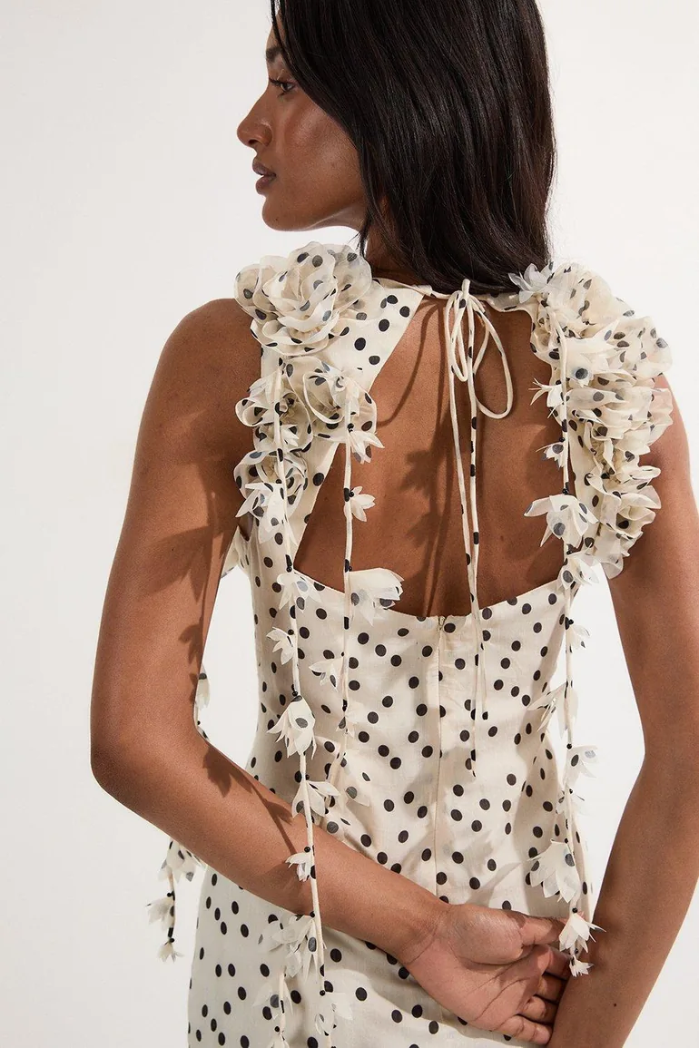 Applique Spot Printed Halter Neck Woven Maxi Dress - 1