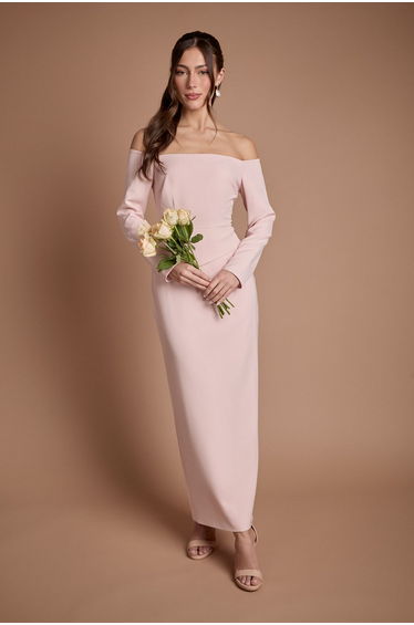 Crepe Bardot Long Sleeve Bridesmaid Maxi Dress