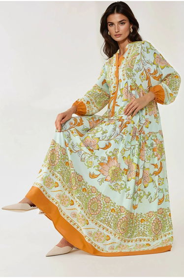 Printed Long Sleeve Viscose Maxi Dress