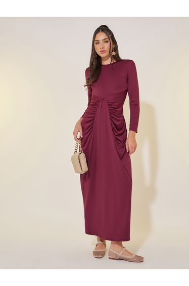 Solid Long Sleeves Gathered Sheath Maxi Dress