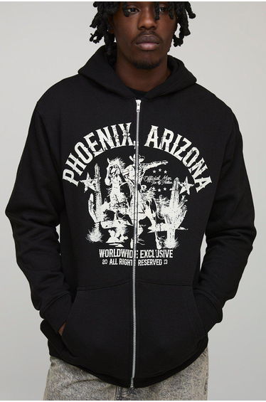 Tall Regular Fit Western Print Zip Through Hoodie - black