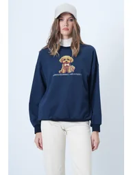 Women's navy blue front printed oversize cotton sweatshirt - 3