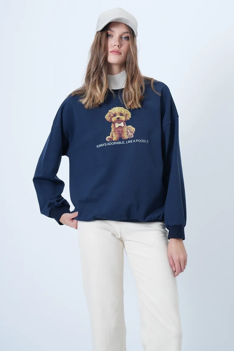 Women's navy blue front printed oversize cotton sweatshirt - 1