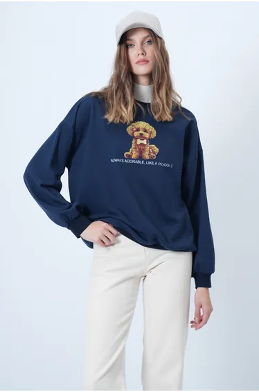 Women's navy blue front printed oversize cotton sweatshirt