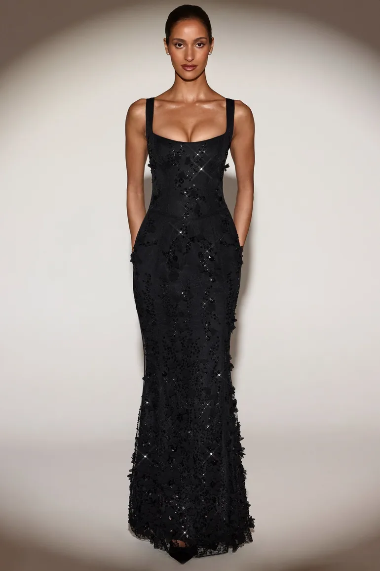 Embellished Fishtail Corset Gown in Black