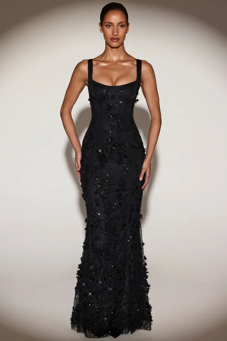 Embellished Fishtail Corset Gown in Black - 4