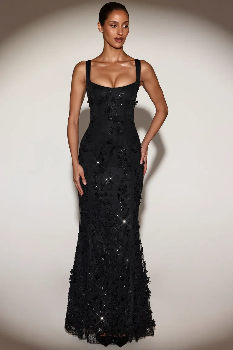 Embellished Fishtail Corset Gown in Black - 1