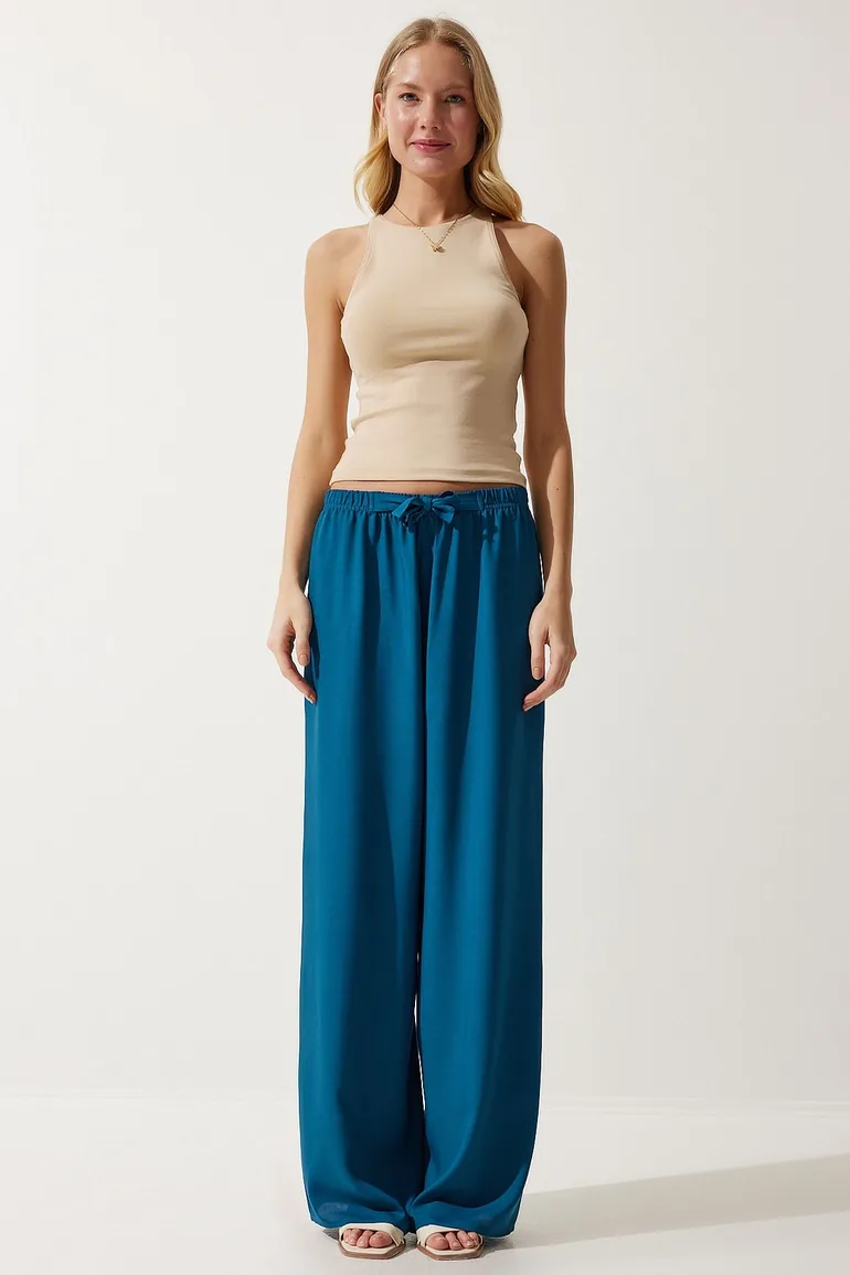 Women's Petrol Green Flowy Knitted Palazzo Trousers - 1