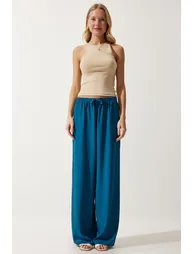 Women's Petrol Green Flowy Knitted Palazzo Trousers - 1