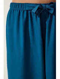 Women's Petrol Green Flowy Knitted Palazzo Trousers - 3
