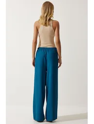 Women's Petrol Green Flowy Knitted Palazzo Trousers - 4