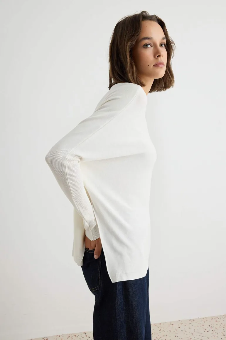Ecru Boat Neck Oversize Basic Bat Sleeve Knitwear Sweater - 1