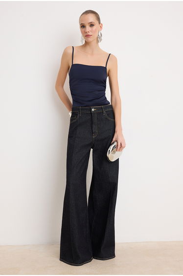 Navy Blue Back Tie Satin Party Blouse