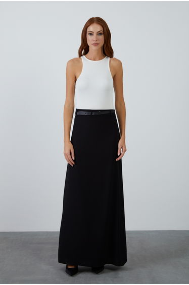 A-Line Belted Black Long Skirt