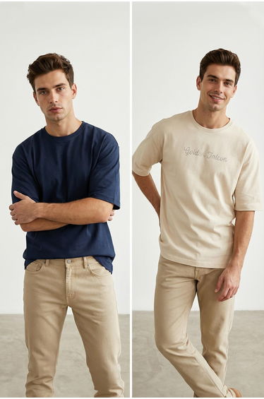 Navy Blue-Beige Oversize/Wide Cut 2 Pack Text Printed-Plain 100% Cotton T-Shirt