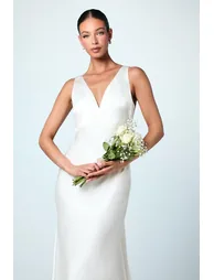 Satin V Neck Maxi Bridemaid Dress with Back Sash Detail - 3
