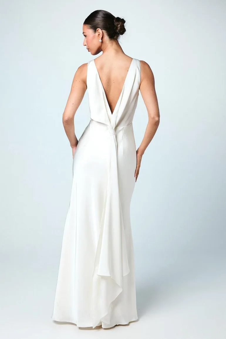 Satin V Neck Maxi Bridemaid Dress with Back Sash Detail - 2