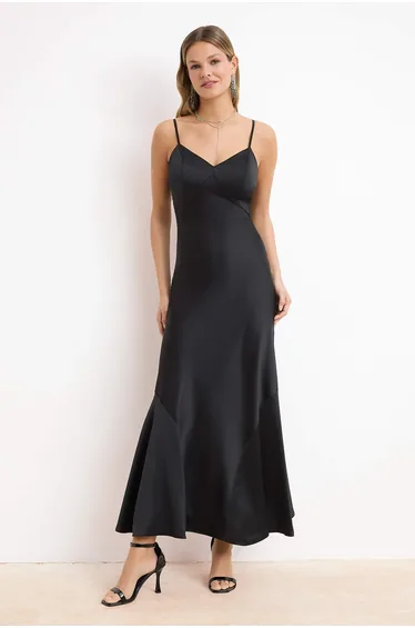 Black Satin Skirt Flared Midi Dress