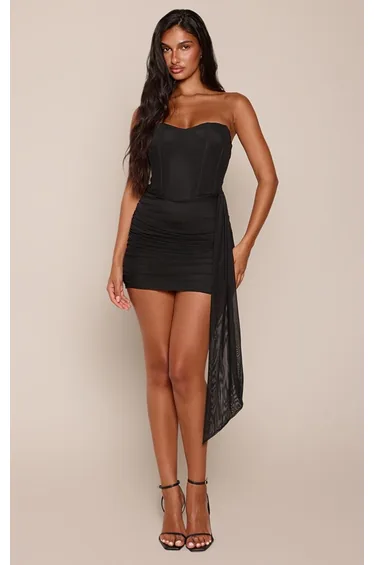 Black Mesh Bandeau Corset Drape Mini Dress