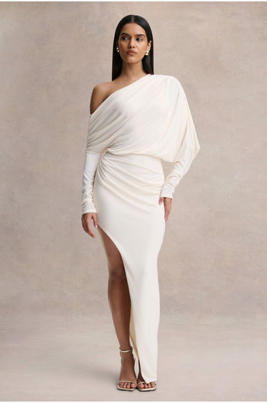 Olivia | Cream Asymmetric-Neck Maxi Dress With Ruched Detailing And Front-High Split