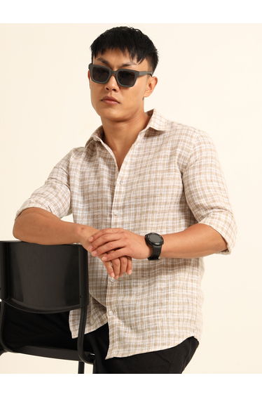 Men Brown Checked Spread Collar Shirt