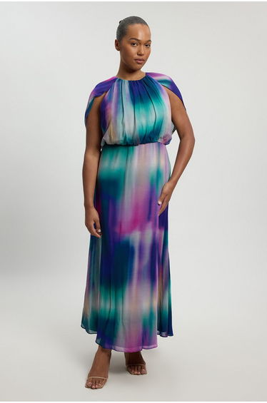 Plus Size Crinkle Georgette Cape Blur Print Woven Maxi Dress