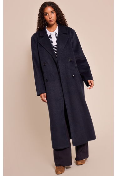 Navy Structured Double Breasted Wool Look Maxi Coat