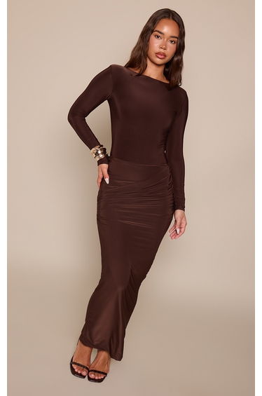 Chocolate Slinky Ruched Detail Midaxi Skirt