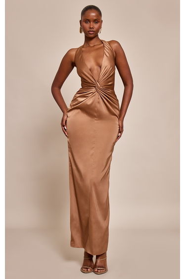 Taupe Satin Twist Plunge Halterneck Maxi Dress