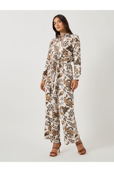 Printed Spread Collar Shirt and Wide Leg Pants Co-Ords