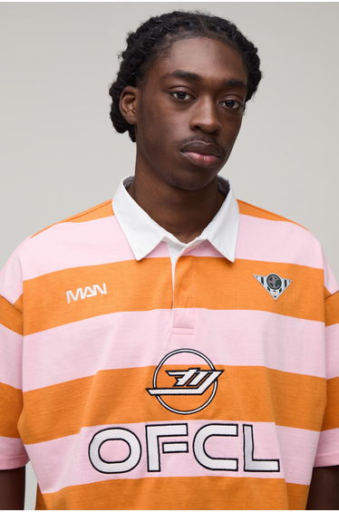 Oversized Boxy Man Sport Embroidered Stripe Rugby Polo - pink