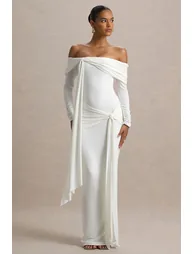 Jovie | White Bardot Wrap Maxi Dress With Sash Detail