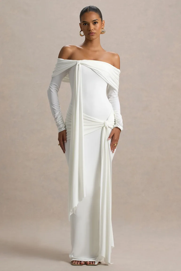 Jovie | White Bardot Wrap Maxi Dress With Sash Detail - 3