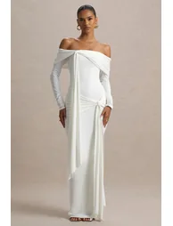 Jovie | White Bardot Wrap Maxi Dress With Sash Detail - 3