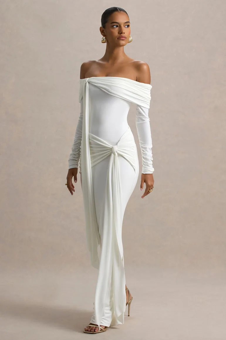 Jovie | White Bardot Wrap Maxi Dress With Sash Detail - 4