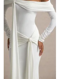 Jovie | White Bardot Wrap Maxi Dress With Sash Detail - 5