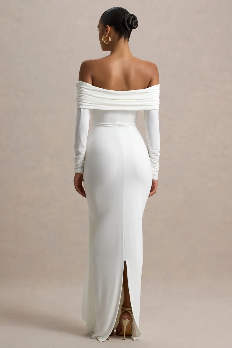 Jovie | White Bardot Wrap Maxi Dress With Sash Detail - 1