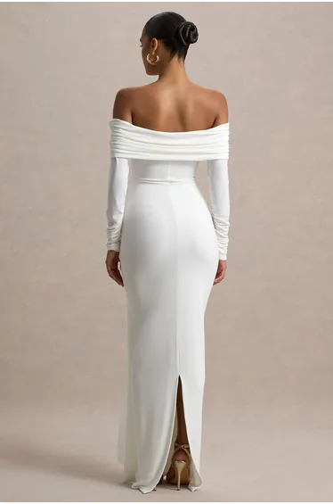 Jovie | White Bardot Wrap Maxi Dress With Sash Detail