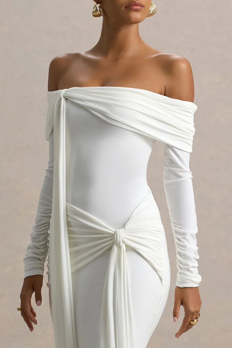Jovie | White Bardot Wrap Maxi Dress With Sash Detail - 2